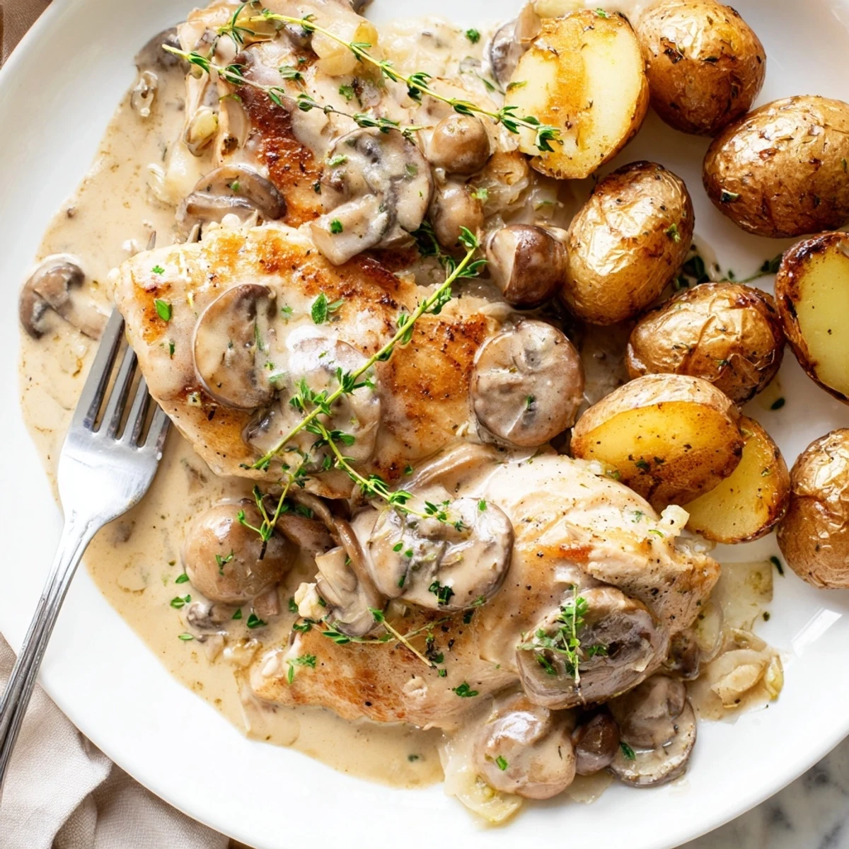 Tender creamy mushroom chicken swimming in a velvety garlic-thyme sauce served with crispy herb potatoes
