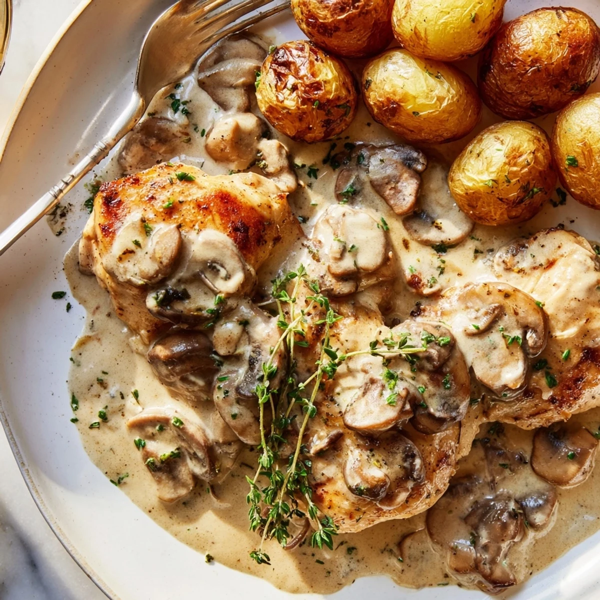Juicy seared chicken breasts nestled in creamy mushroom sauce beside crispy rosemary potato halves