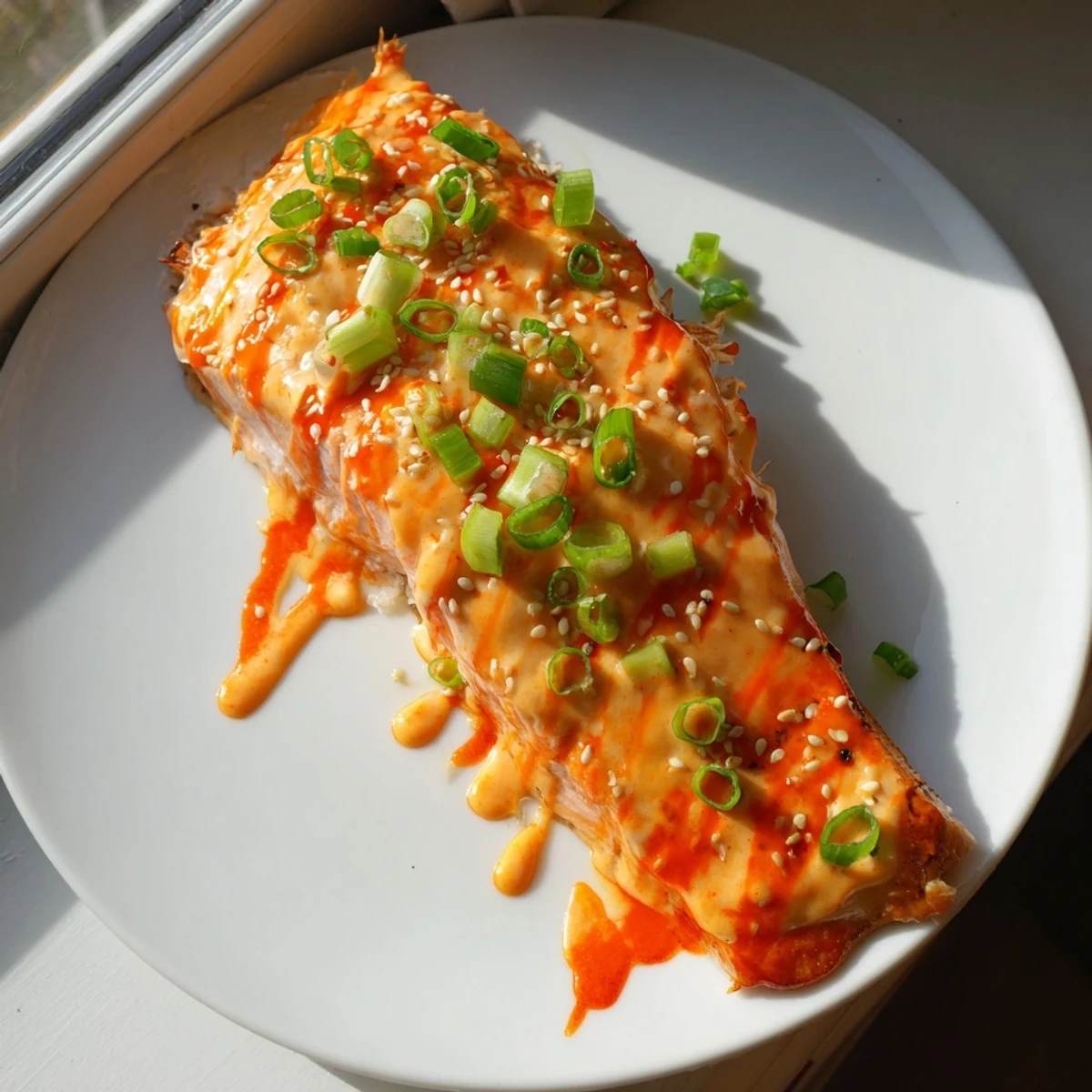 Tender glazed Bang Bang Salmon served over vibrant green avocado cucumber salsa with lime wedges