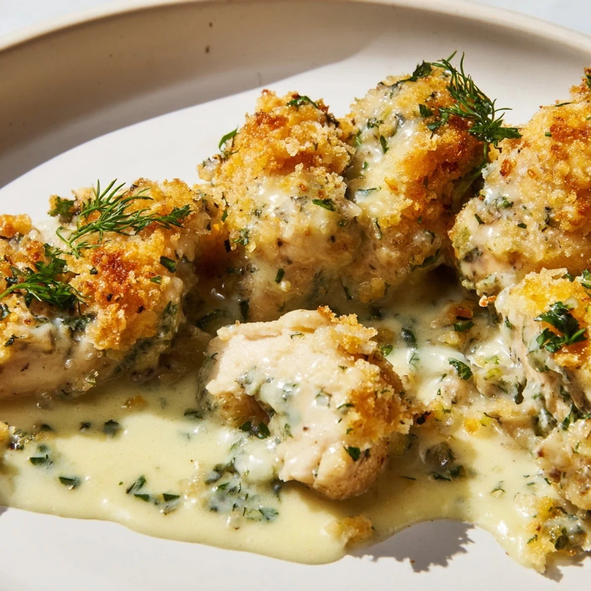 Golden crispy Chicken Kiev Casserole bubbling with garlicky herb butter sauce in a baking dish