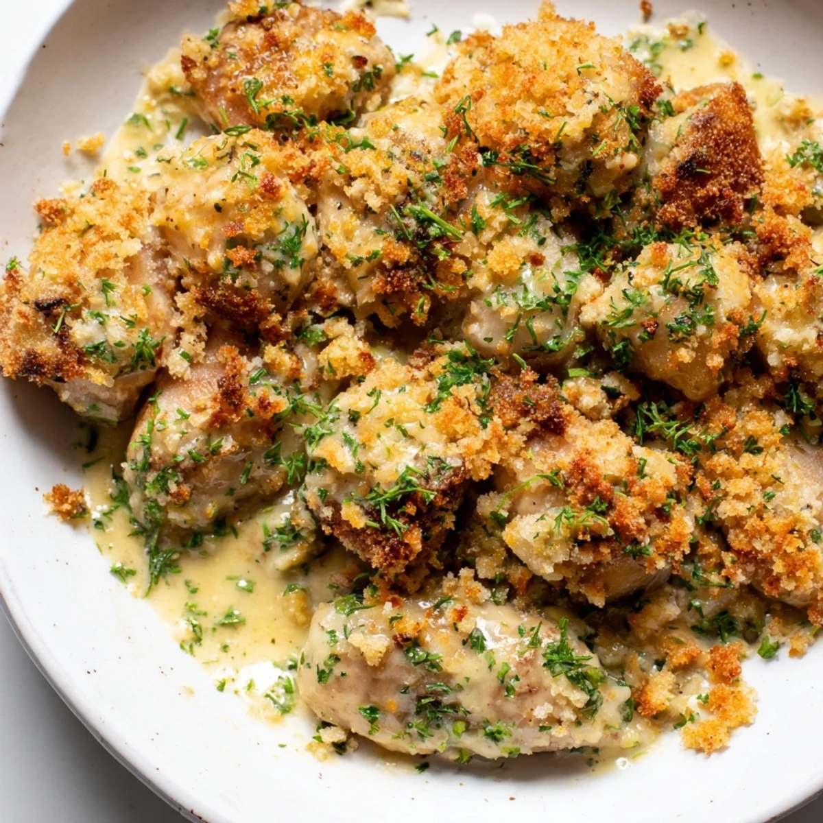 Creamy Chicken Kiev Casserole topped with crunchy Parmesan breadcrumbs fresh from the oven