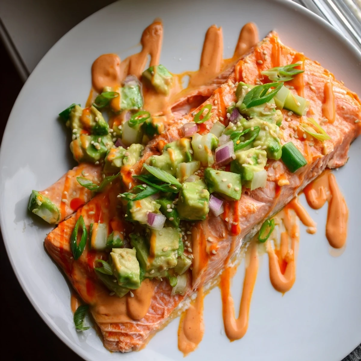 Crispy baked Bang Bang Salmon drizzled with spicy cream sauce and fresh salsa