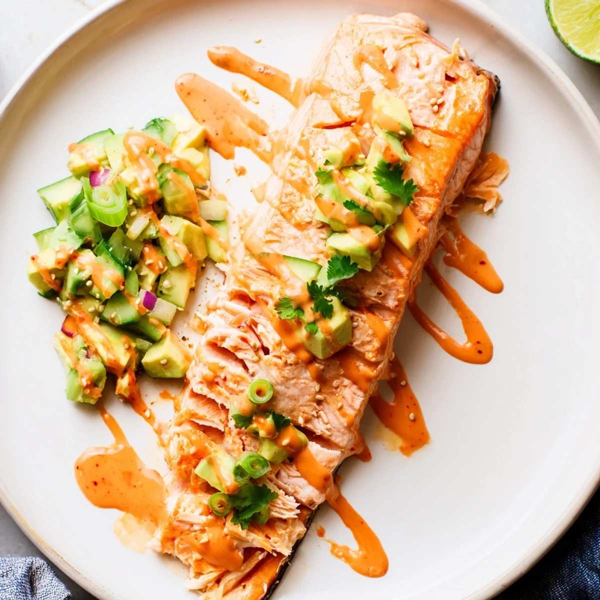 Golden Bang Bang Salmon fillet topped with creamy Sriracha sauce over cool avocado cucumber salsa