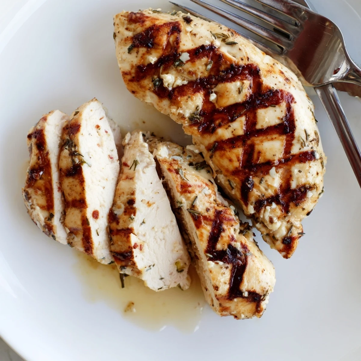 Juicy Mayo Marinated Grilled Chicken with golden charred grill marks on a rustic plate