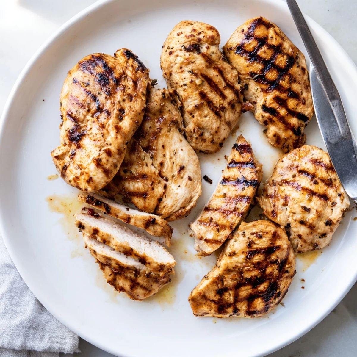 Creamy herb-coated chicken breasts sizzling hot off the grill, ready to slice and serve