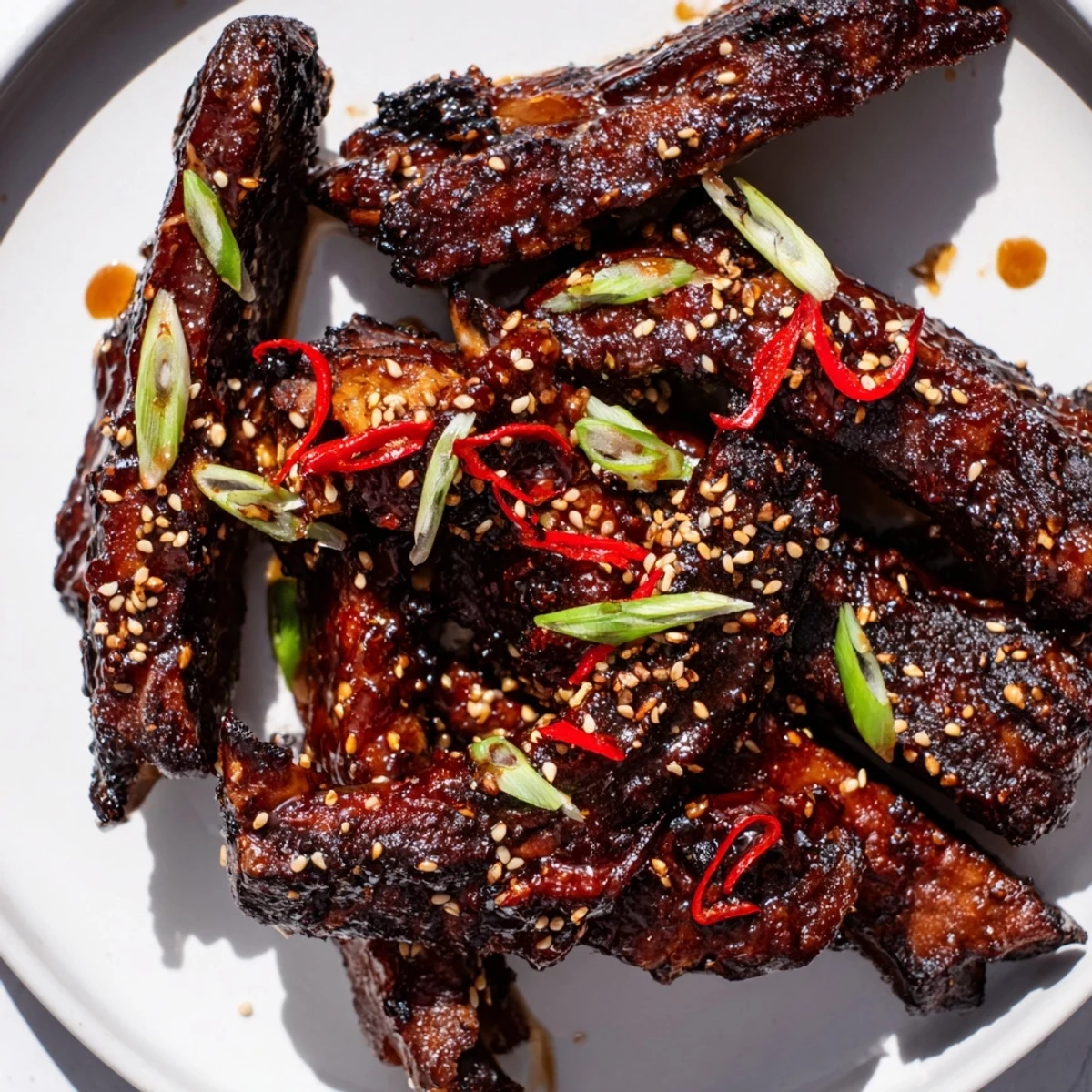 Charred Korean BBQ lamb ribs glistening with glaze and bright yuzu wedges on a rustic platter