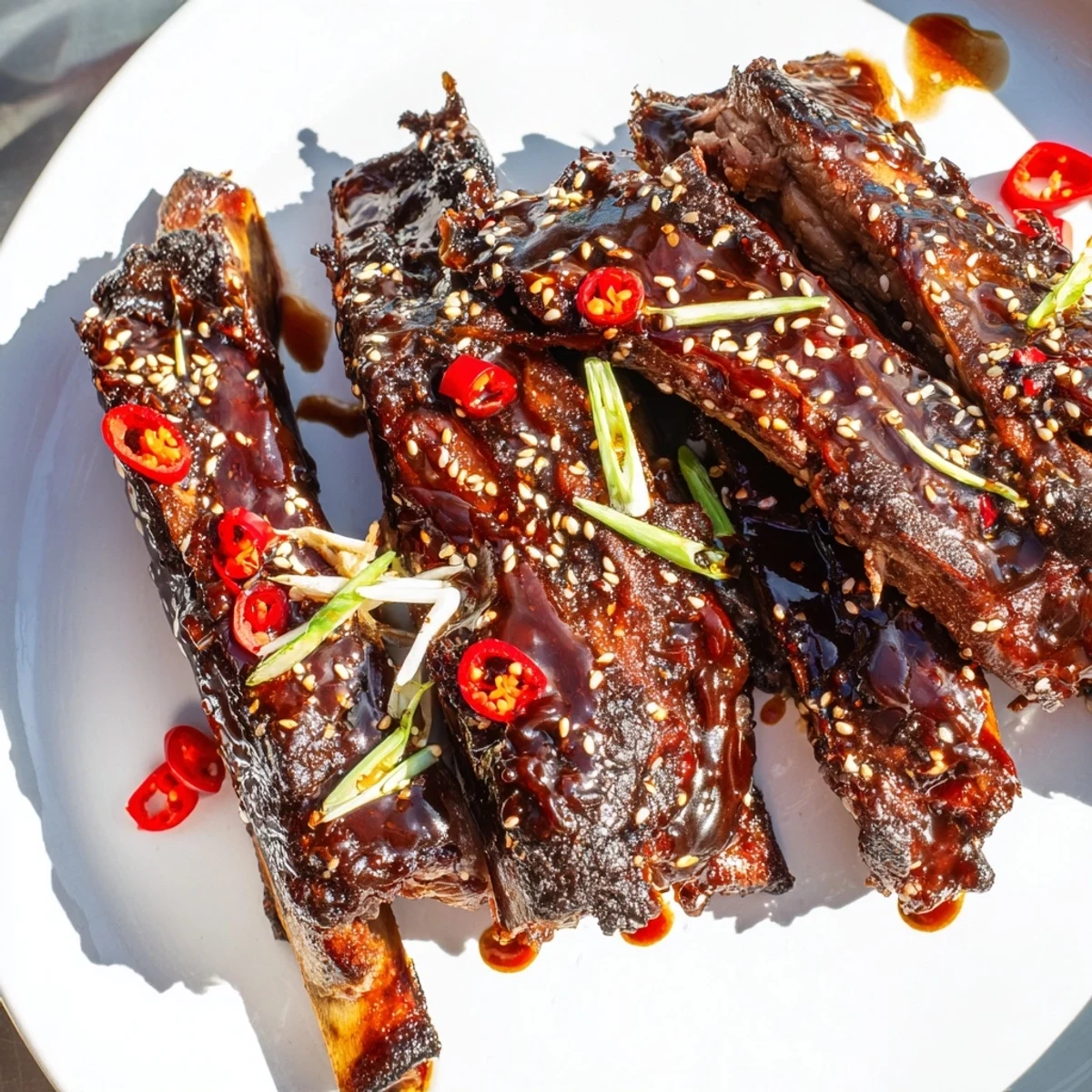 Tender caramelized Korean BBQ lamb ribs topped with sesame seeds and fresh sliced spring onions
