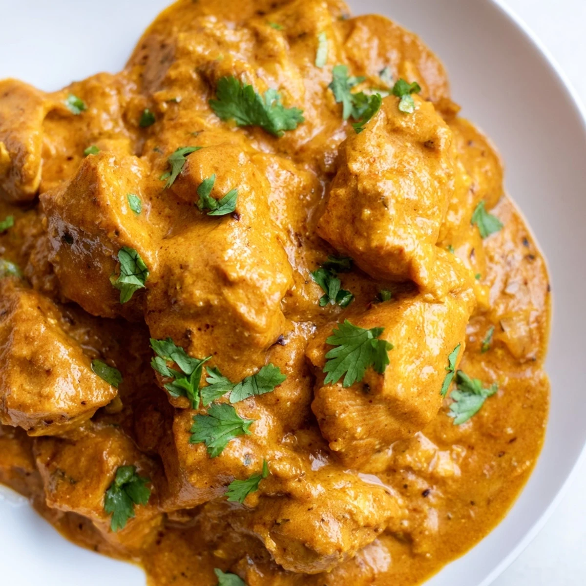 Creamy Crockpot Butter Chicken simmering in a golden, spiced tomato sauce with fresh cilantro garnish