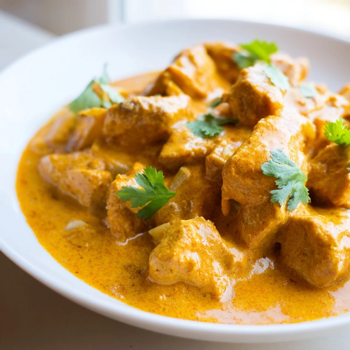 Warm bowl of Crockpot Butter Chicken with melt-in-your-mouth chicken pieces draped in velvety, buttery curry