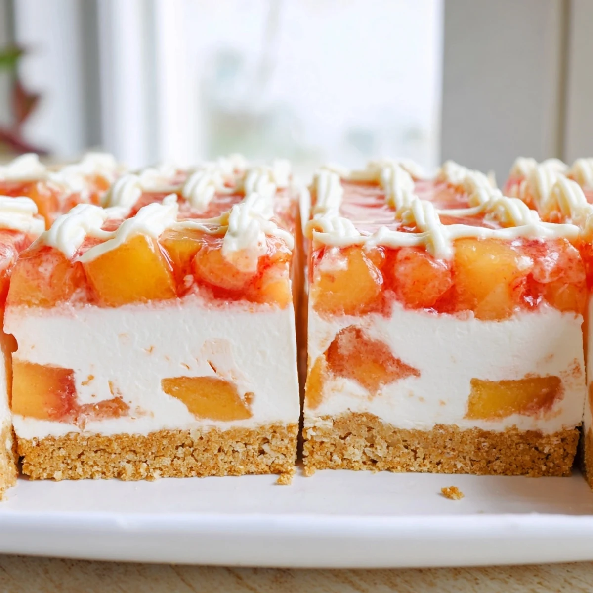 Creamy Peaches and Cream Cheesecake Bars with golden peach topping on graham crust