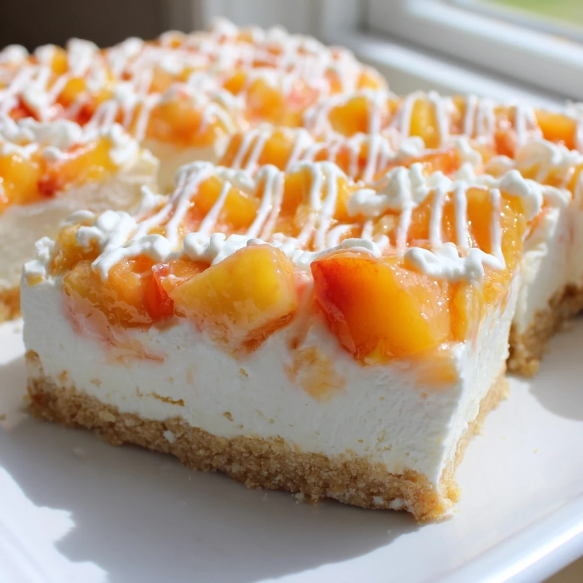 Chilled Peaches and Cream Cheesecake Bars drizzled with whipped cream on a summer plate