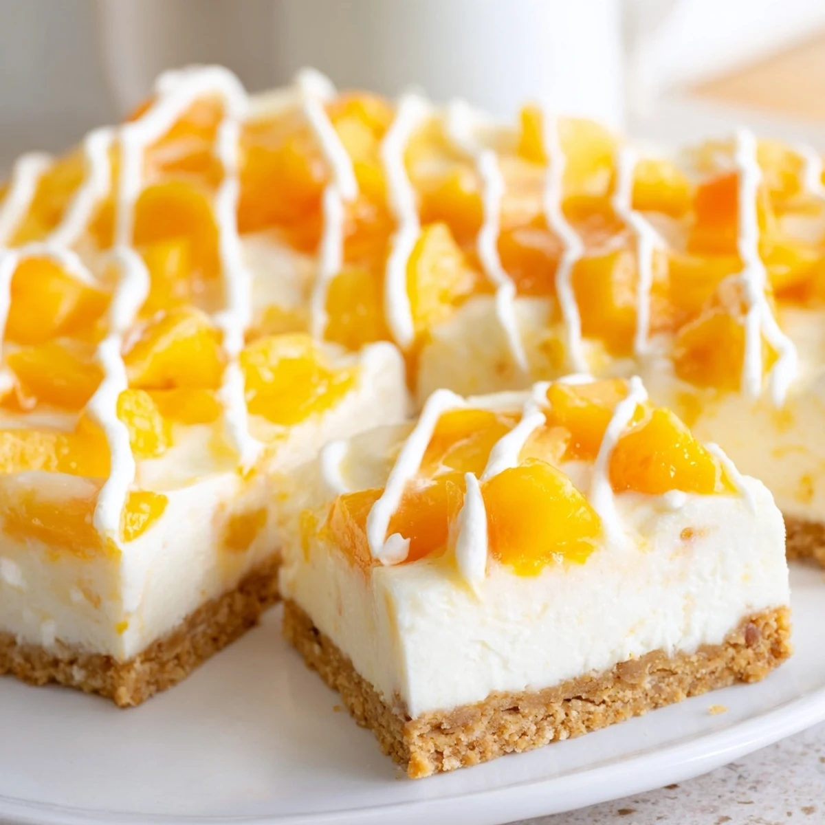 Slice of Peaches and Cream Cheesecake Bars showing layers of creamy filling and fruit