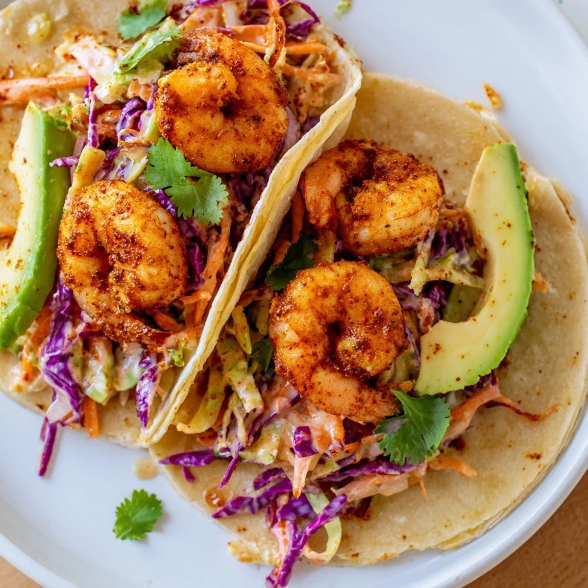 Spicy shrimp tacos loaded with creamy cilantro lime slaw on warm tortillas