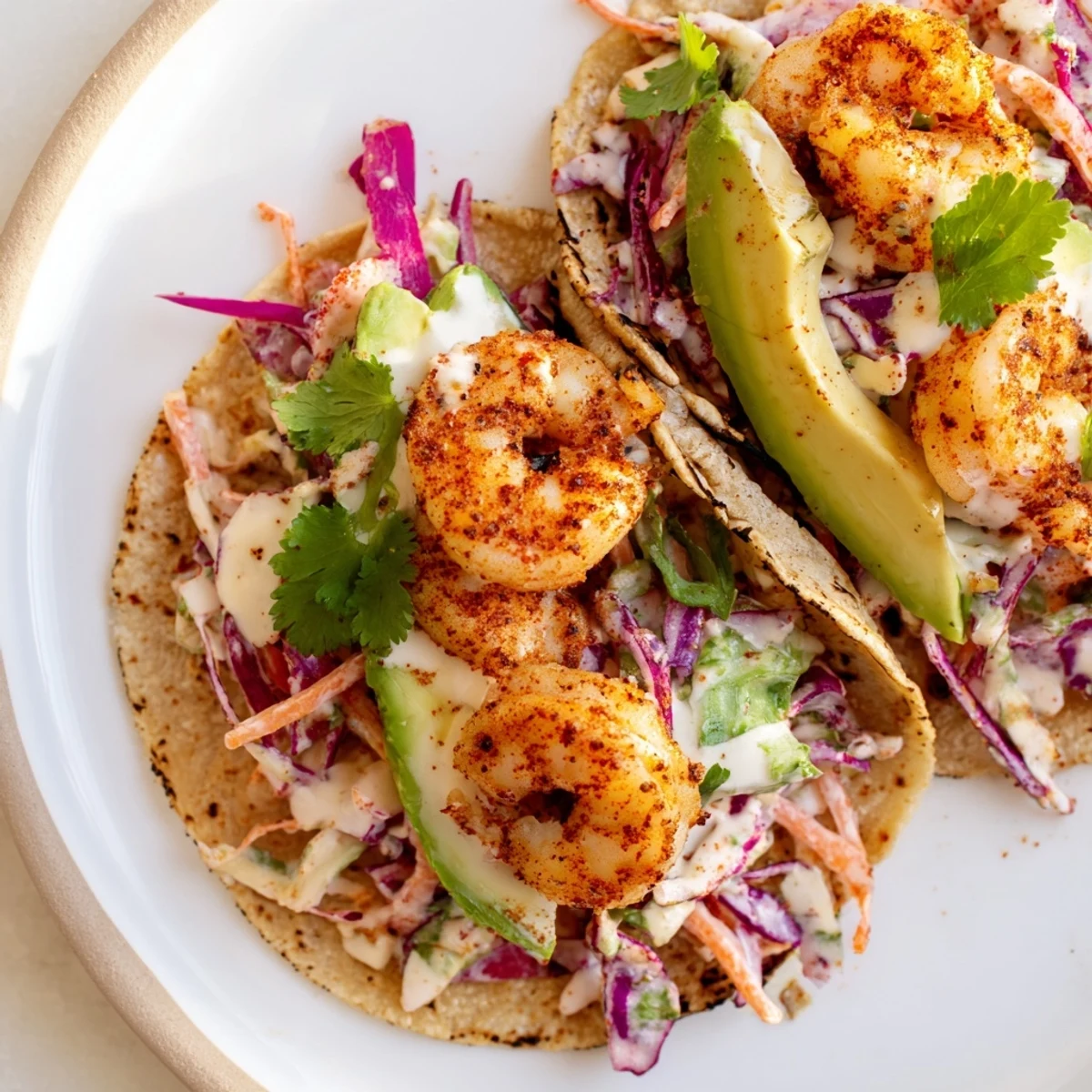 Fresh spicy shrimp tacos garnished with avocado slices and tangy cilantro slaw