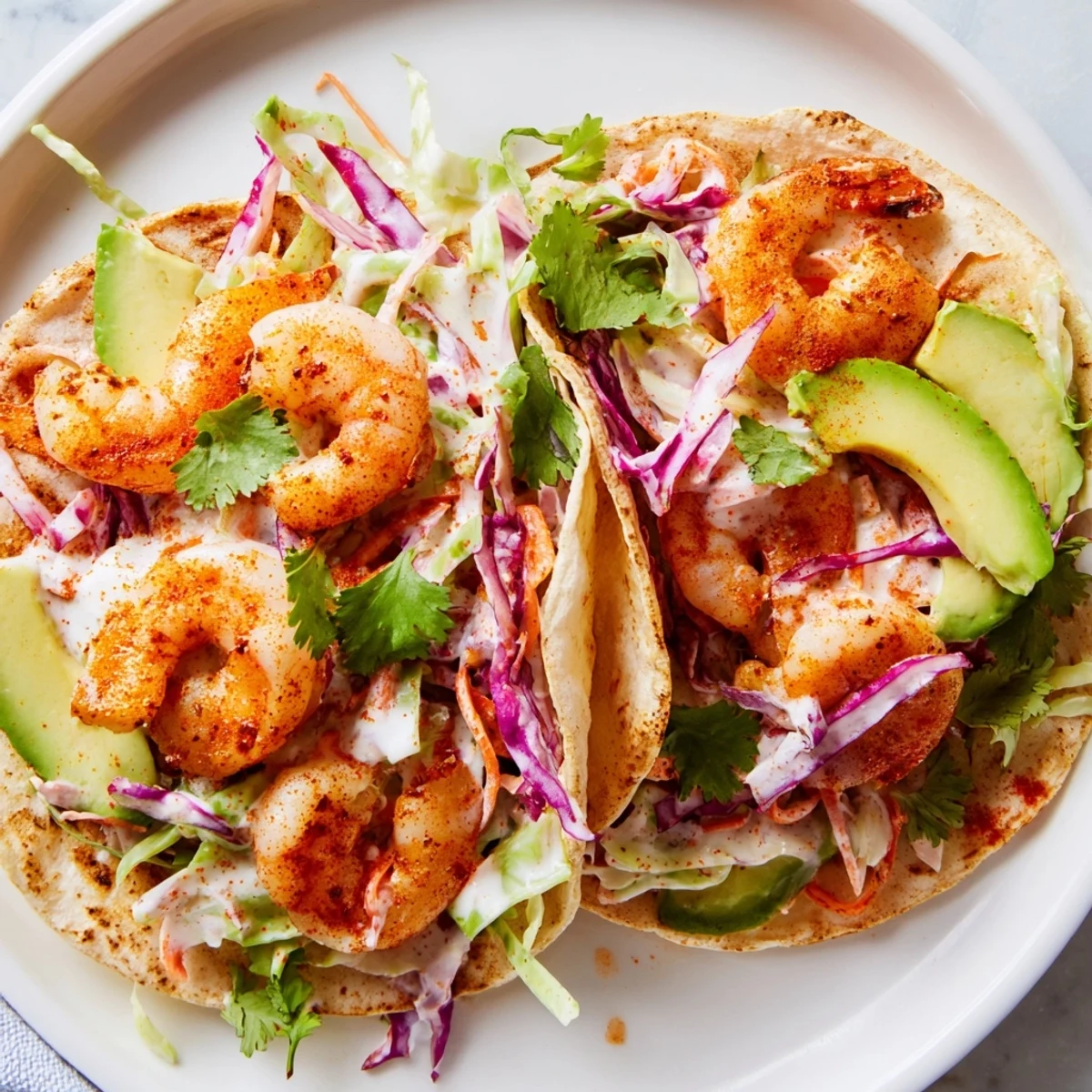 Golden seared spicy shrimp tacos topped with crunchy garlic cilantro lime slaw