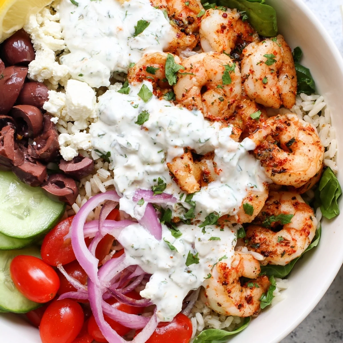 Golden pan-seared shrimp atop a colorful Greek Shrimp Mediterranean Bowl with fresh vegetables