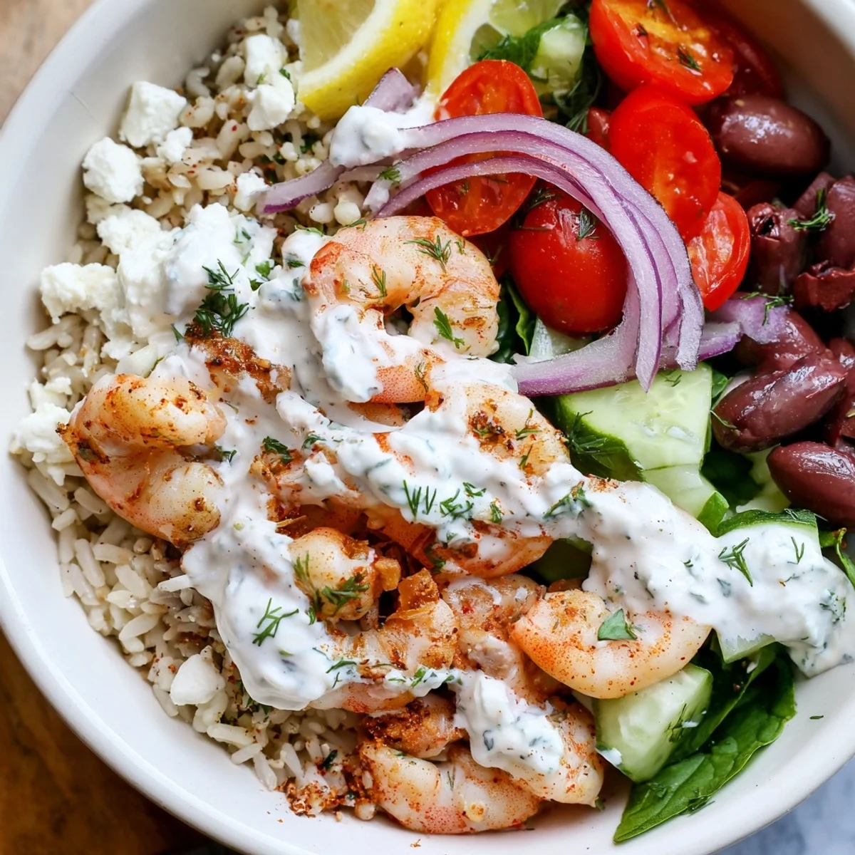 Creamy tzatziki drizzled over a vibrant Greek Shrimp Mediterranean Bowl with feta and olives