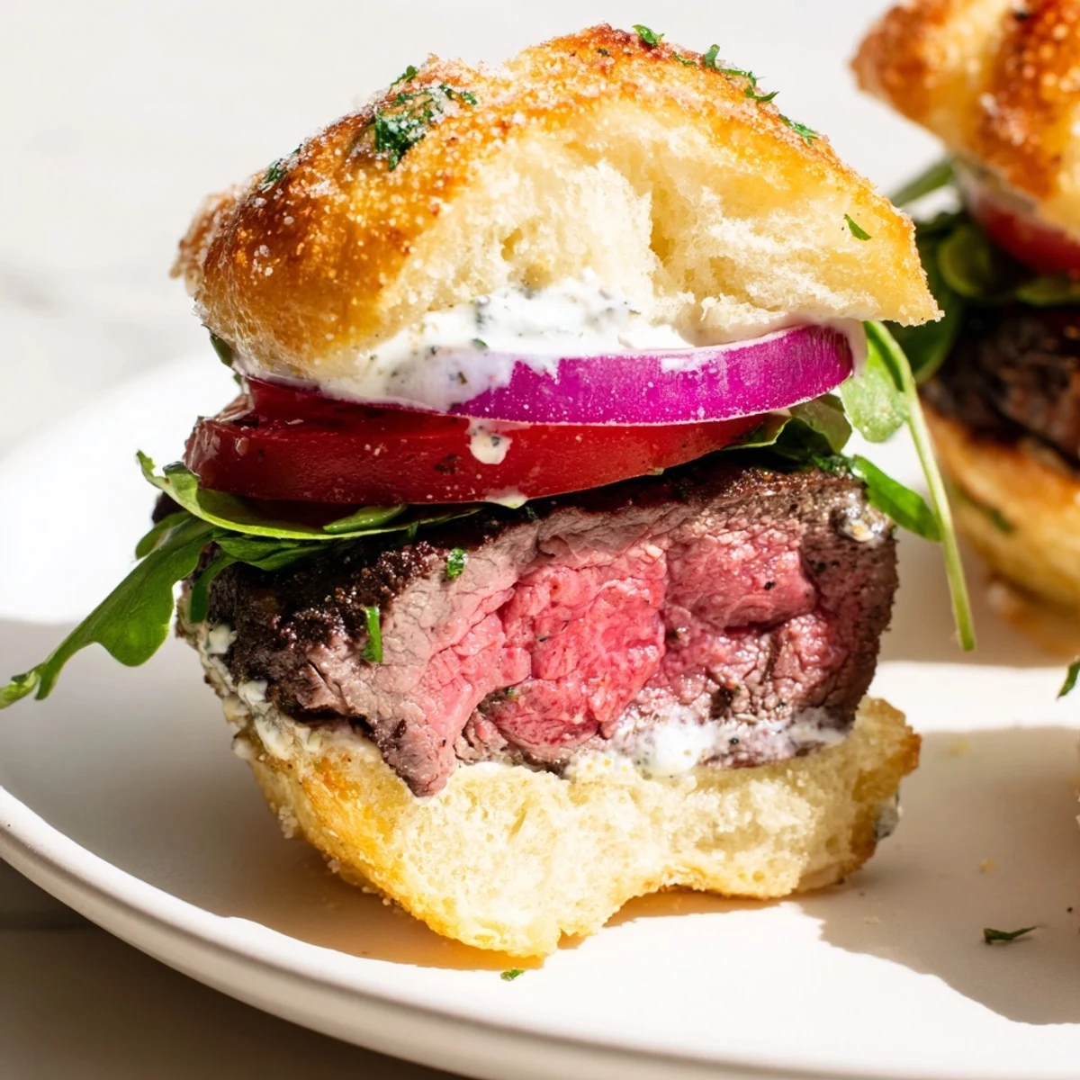Juicy filet mignon sliders on golden garlic parmesan rolls with arugula and tomato