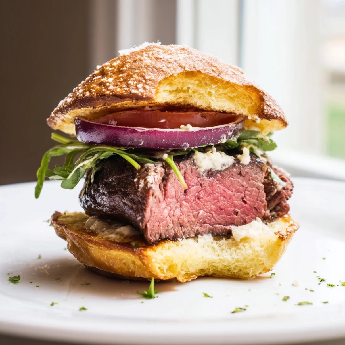 Tender filet mignon sliders nestled in crispy garlic parmesan buns with horseradish cream