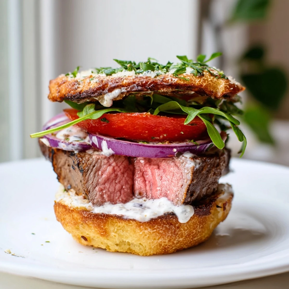 Savory filet mignon sliders on toasted garlic parmesan rolls topped with red onion