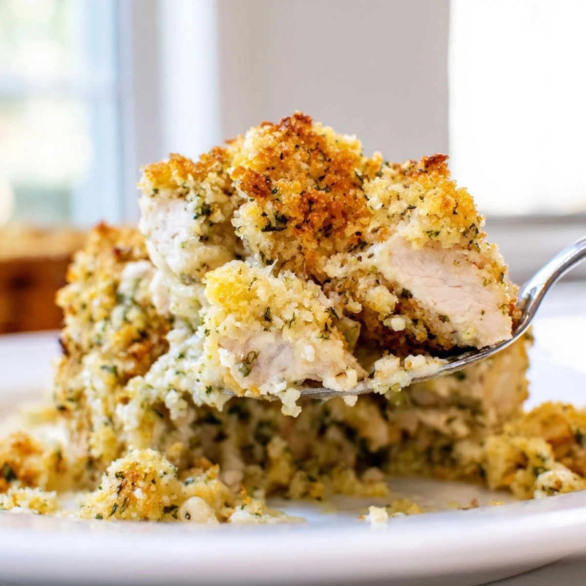 Golden crispy breadcrumb topping on this bubbling Chicken Kiev Casserole fresh from the oven.