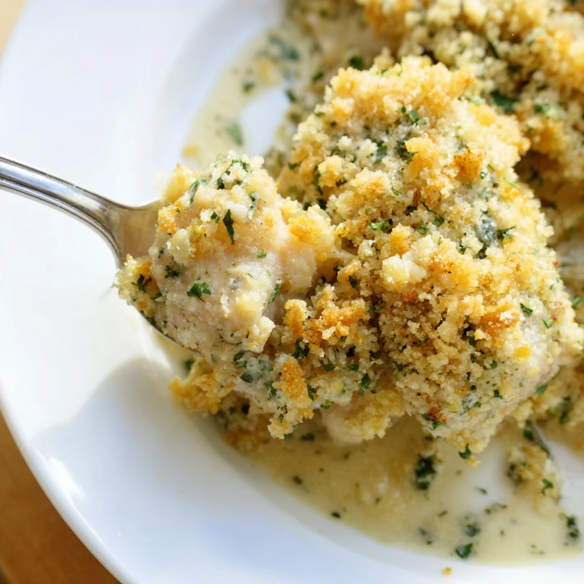 Creamy garlic-herb sauce coats tender chicken pieces in this comforting Chicken Kiev Casserole.