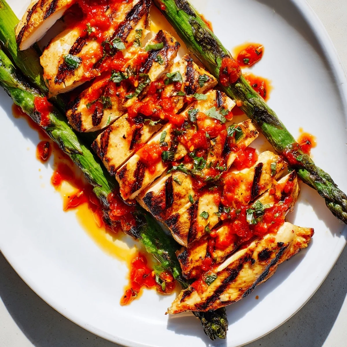 Juicy grilled asparagus chicken with Calabrian chili sauce drizzled on a white plate