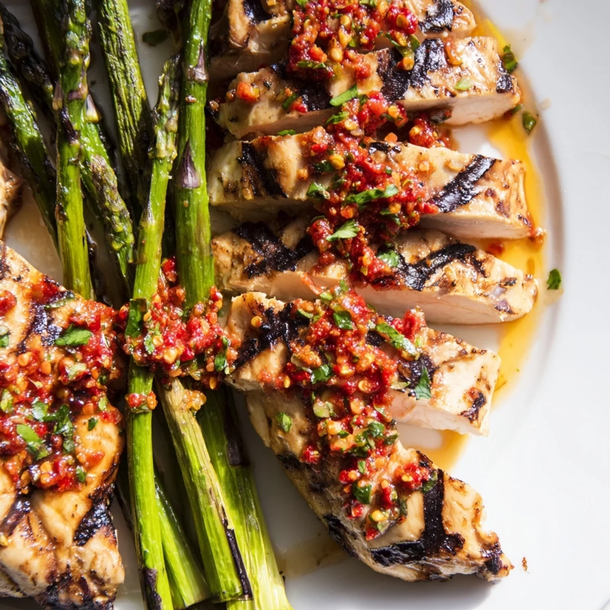 Smoky charred asparagus served alongside grilled asparagus chicken topped with vibrant red chili sauce