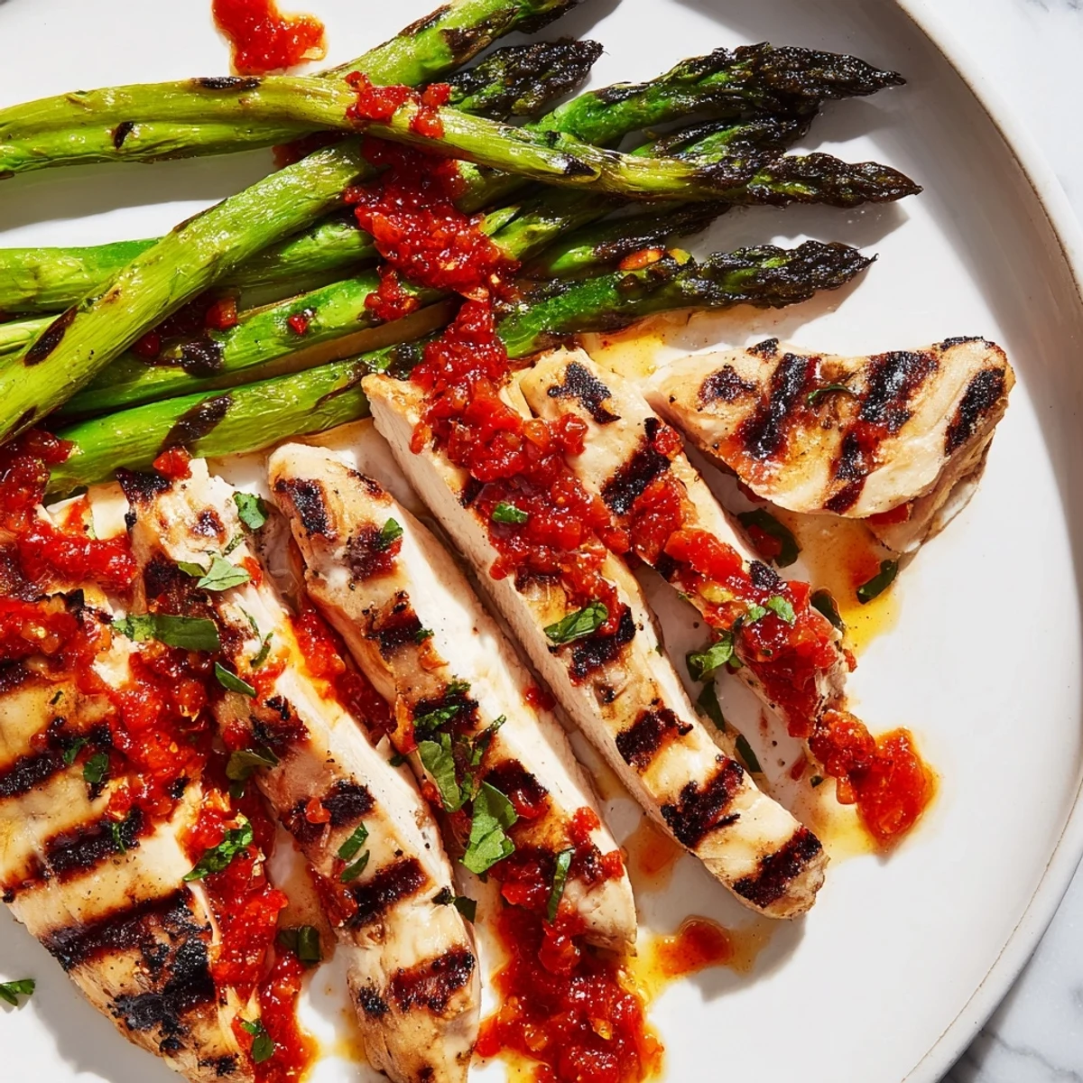 Golden grilled asparagus chicken breasts garnished with fresh parsley and spicy Calabrian chili sauce