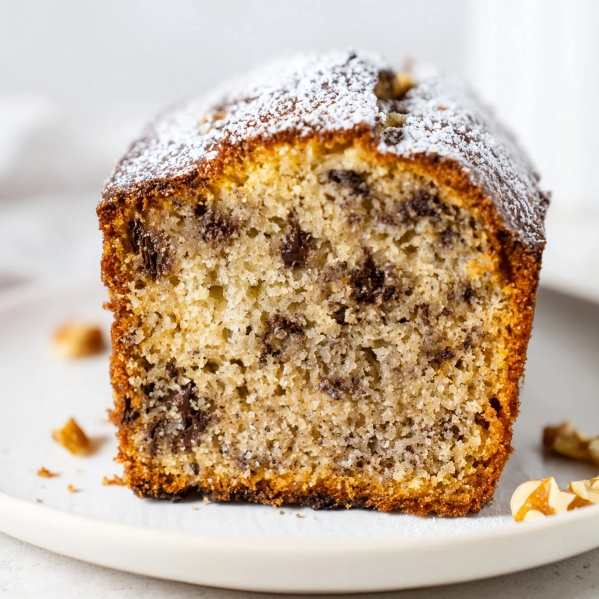 A golden banana cake slice topped with creamy frosting on a rustic plate.