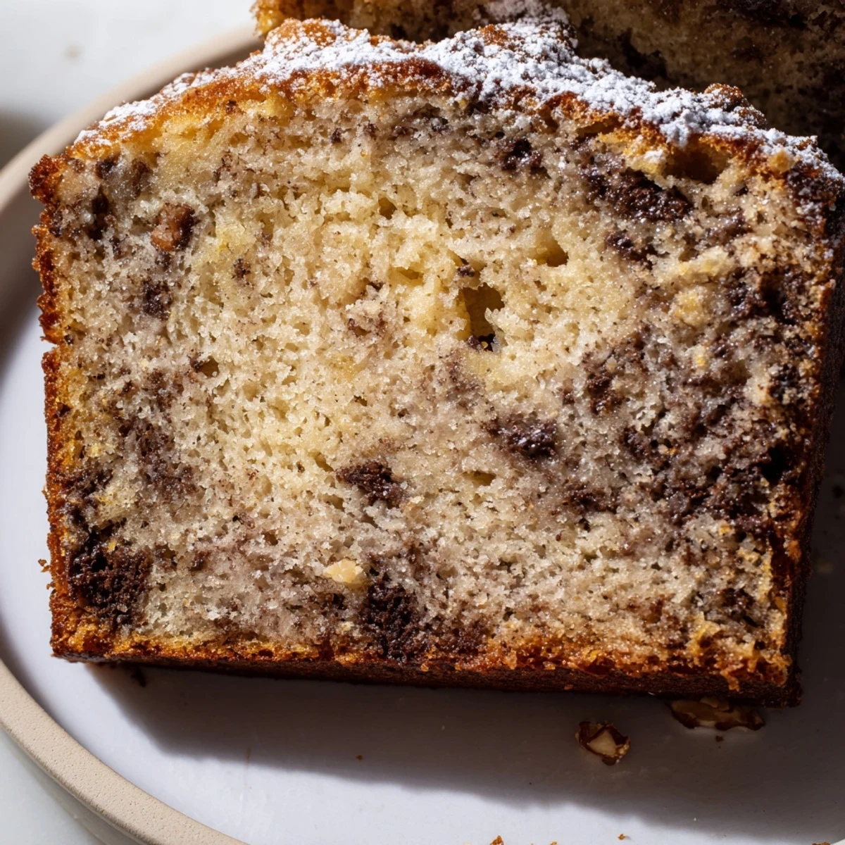 Moist banana cake with chocolate chips served warm on a wire cooling rack.