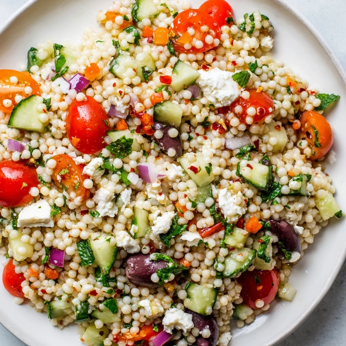 Fluffy couscous tossed with cherry tomatoes, olives, and hot honey lemon vinaigrette