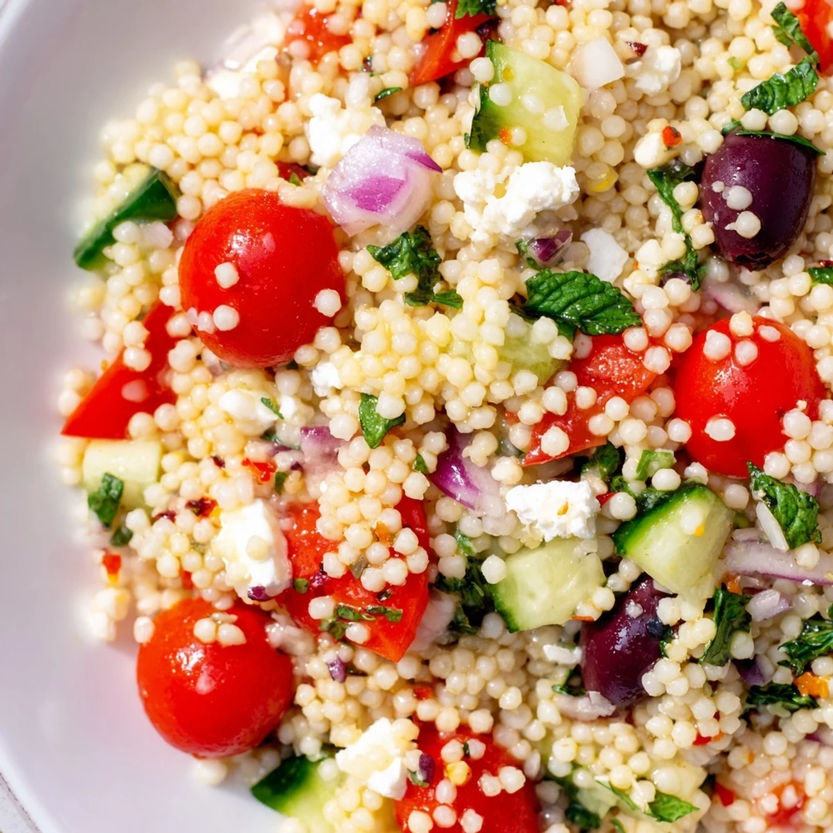 A bright Mediterranean couscous salad with colorful fresh vegetables and crumbled feta