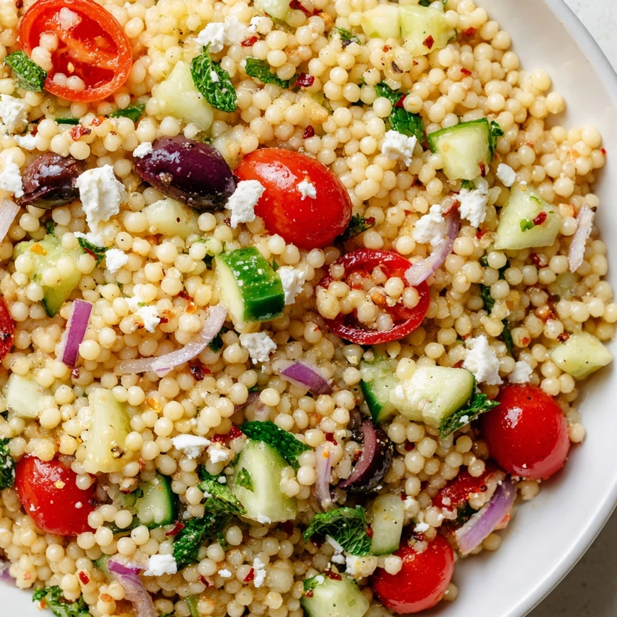 Mediterranean couscous salad drizzled with spicy-sweet vinaigrette served in a rustic bowl