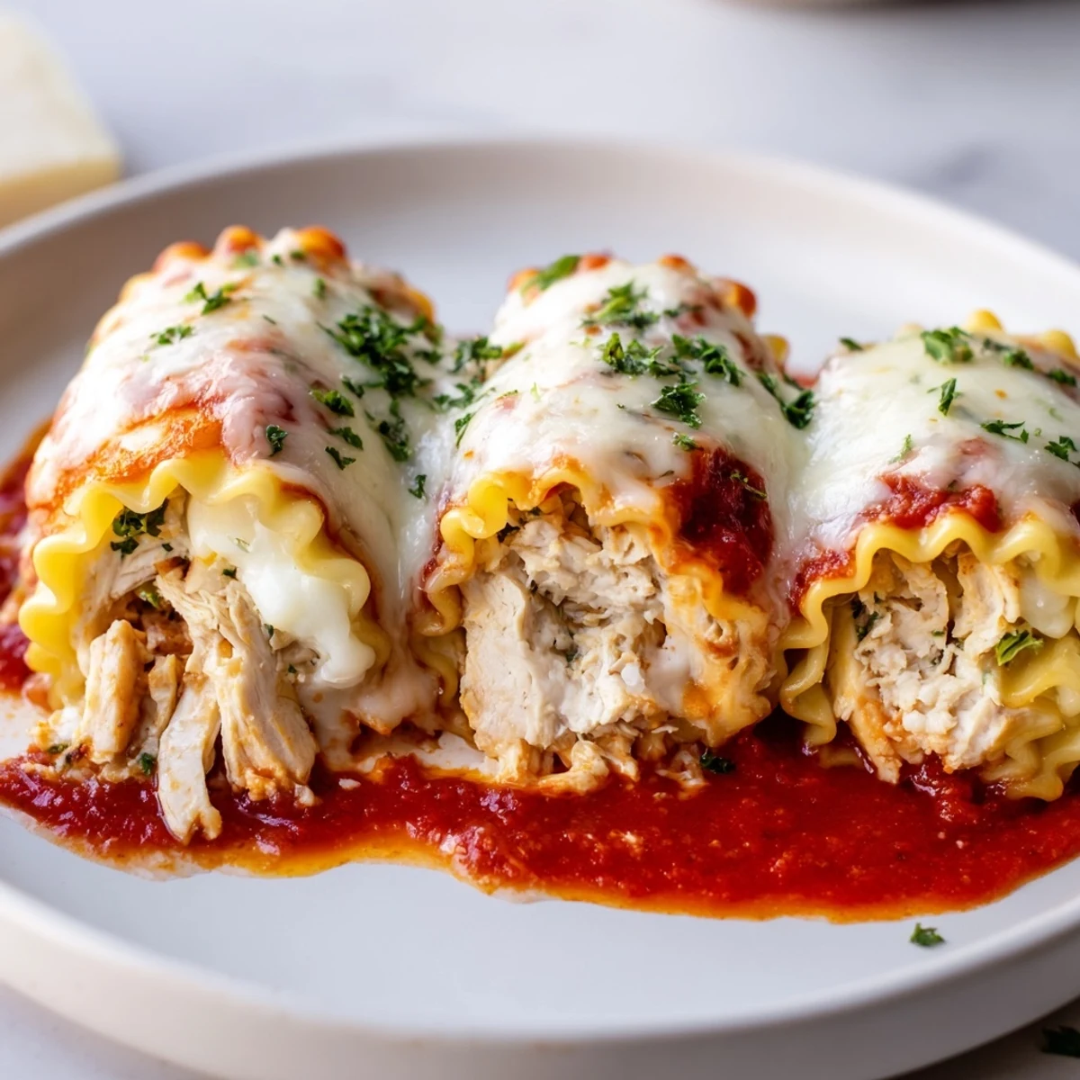 Golden baked Garlic Parmesan Chicken Lasagna Roll Ups smothered in creamy white sauce