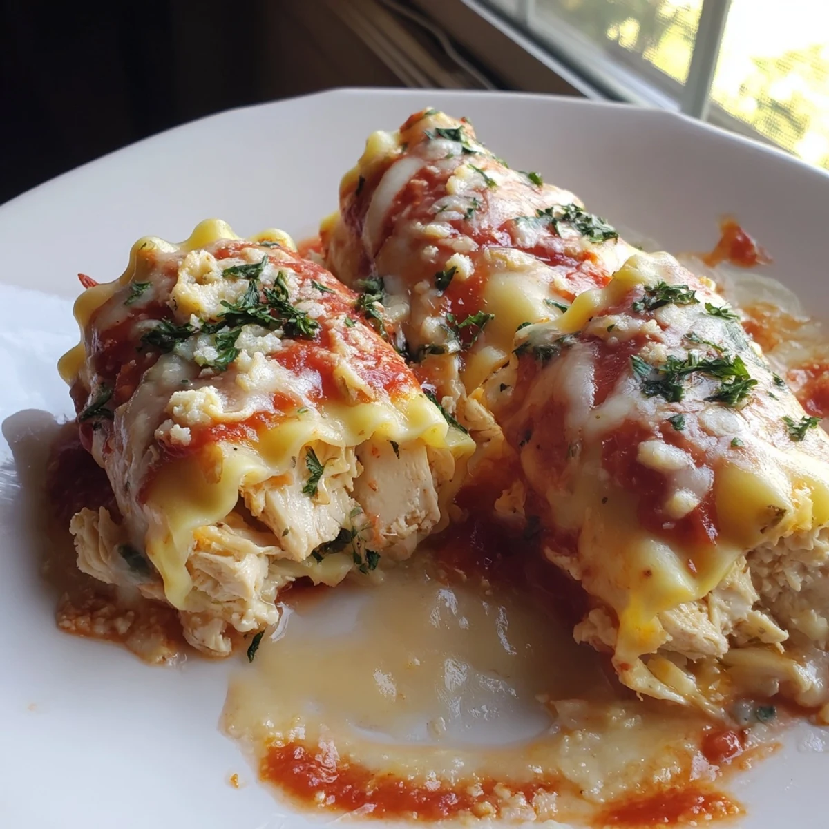 Garlic Parmesan Chicken Lasagna Roll Ups topped with bubbling mozzarella and fresh parsley
