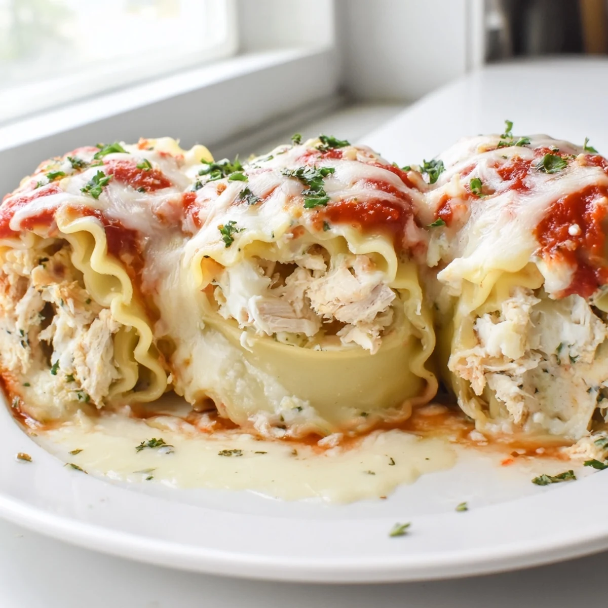 Tender noodle rolls oozing with creamy Garlic Parmesan Chicken Lasagna filling, fresh from oven