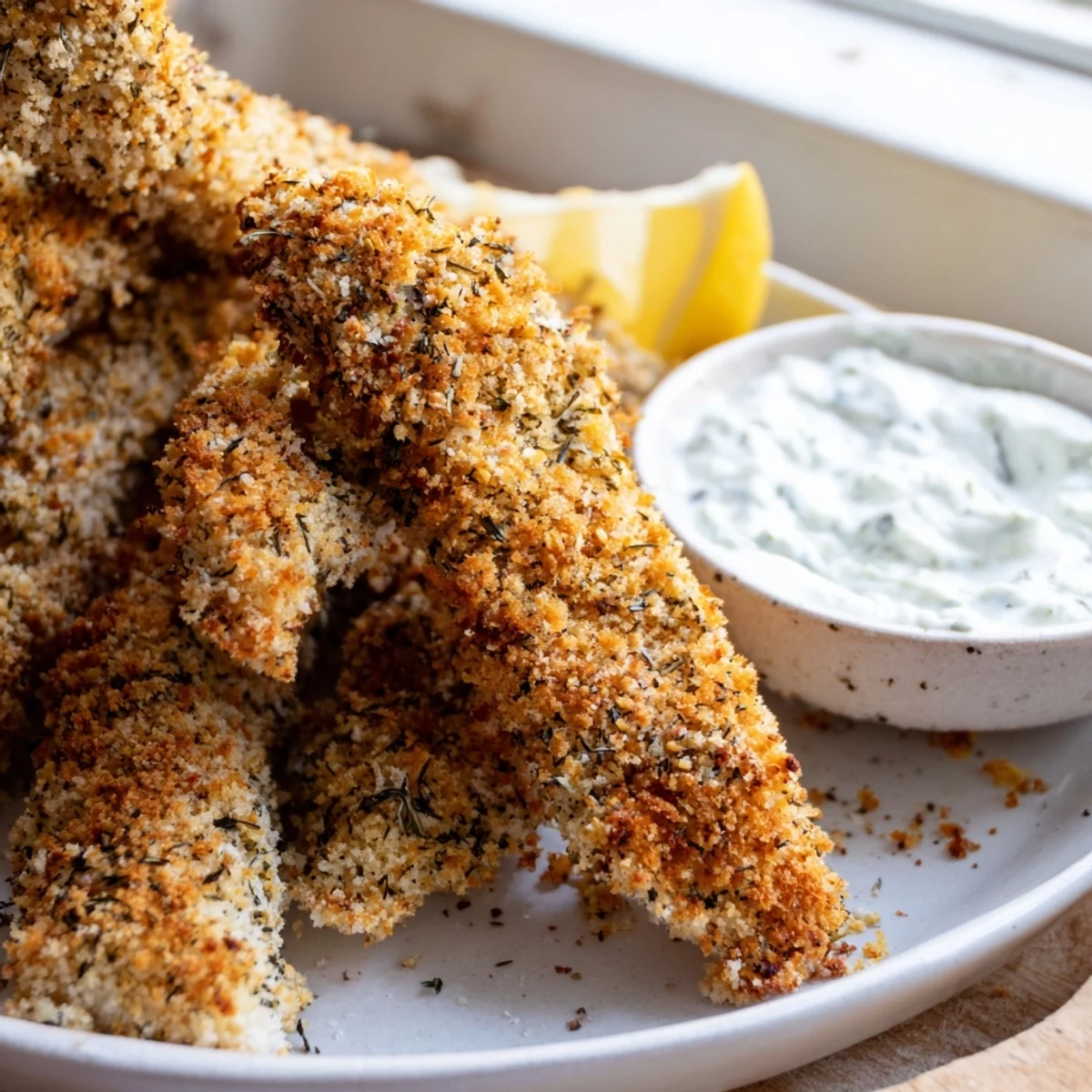 Golden crispy Greek chicken strips with herb-marinated crust served with cool tzatziki dip