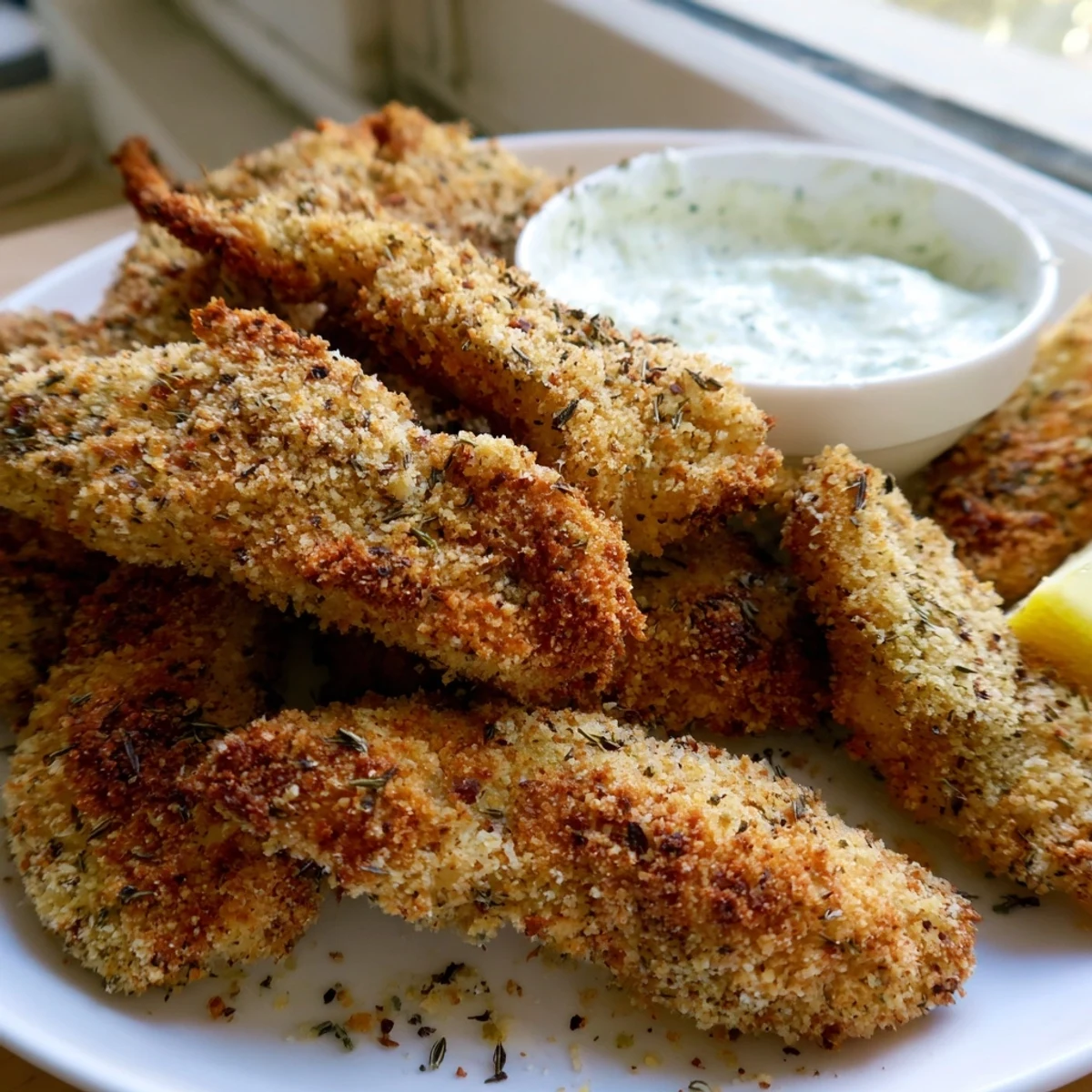 Perfectly browned crispy Greek chicken strips on a platter with roasted Mediterranean vegetables