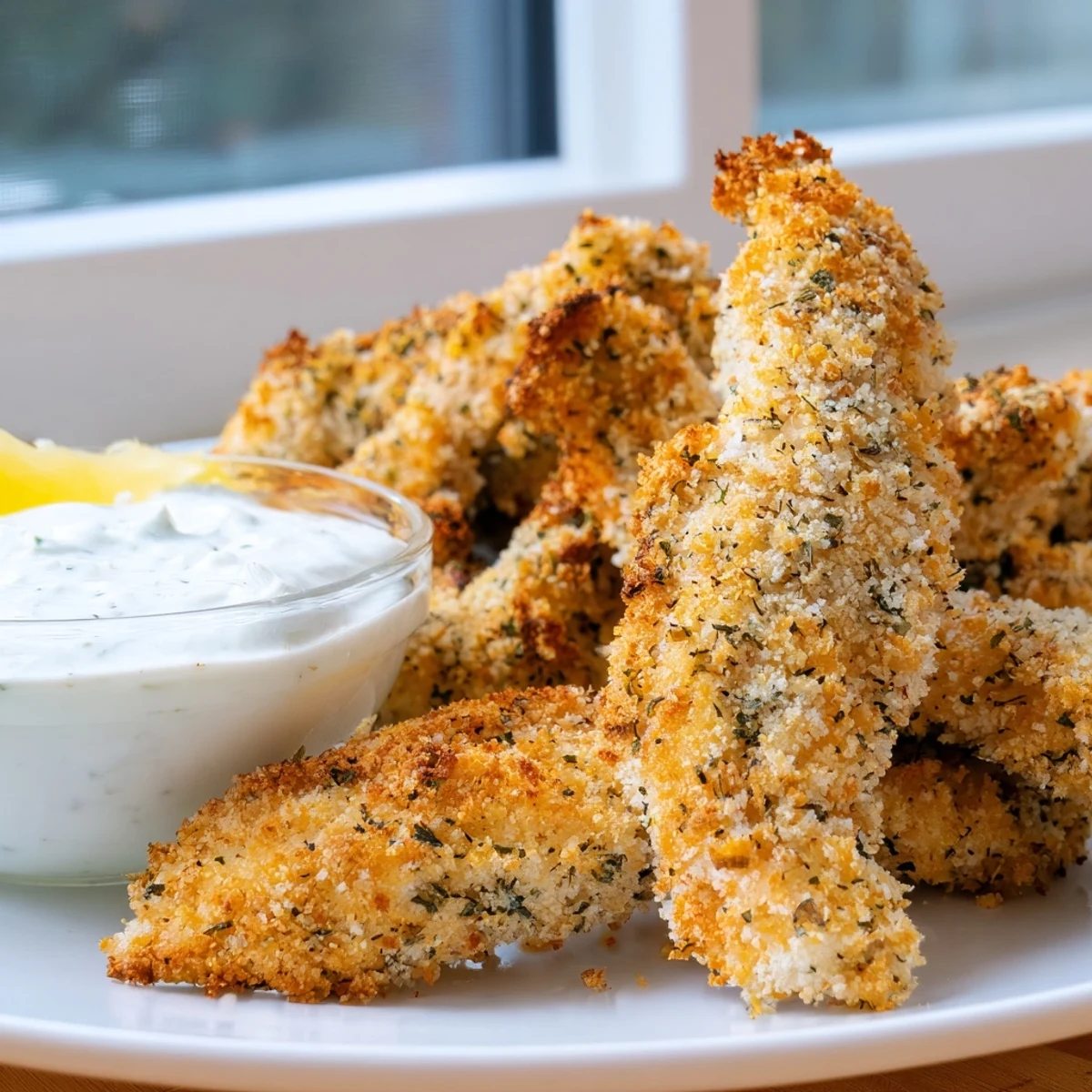 Crispy Greek chicken strips fresh from the skillet alongside bright lemon wedges and herbs