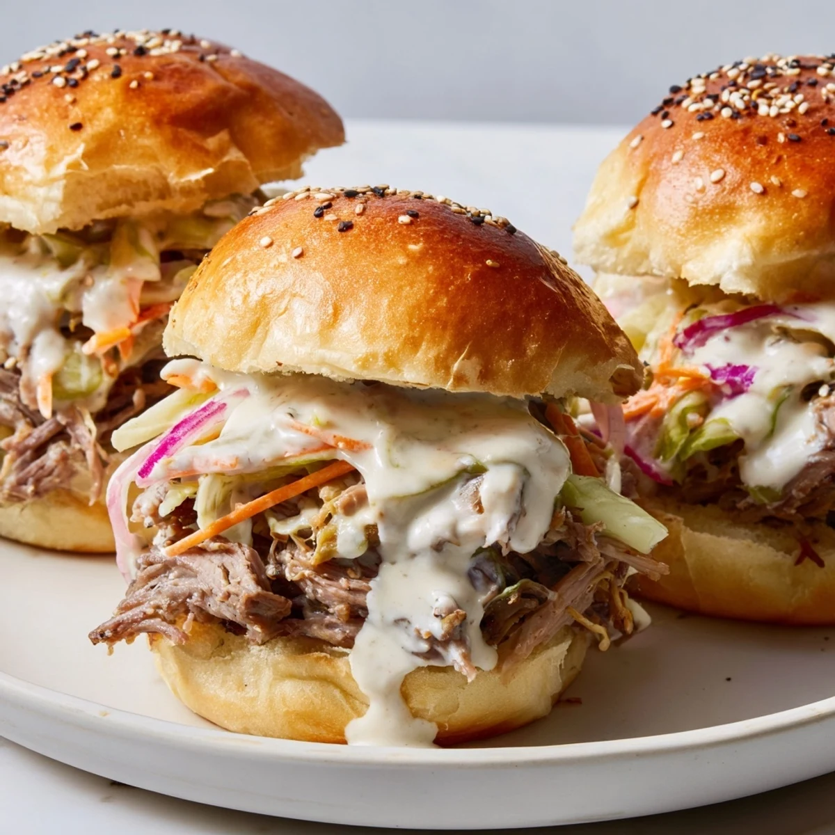 Creamy Alabama white sauce pulled lamb sliders piled on soft toasted buns