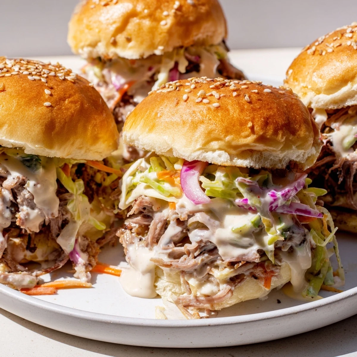 Tangy Alabama white sauce pulled lamb sliders topped with crunchy cabbage slaw