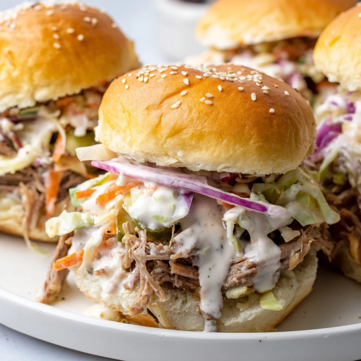 Juicy Alabama white sauce pulled lamb sliders drizzled with horseradish cream sauce