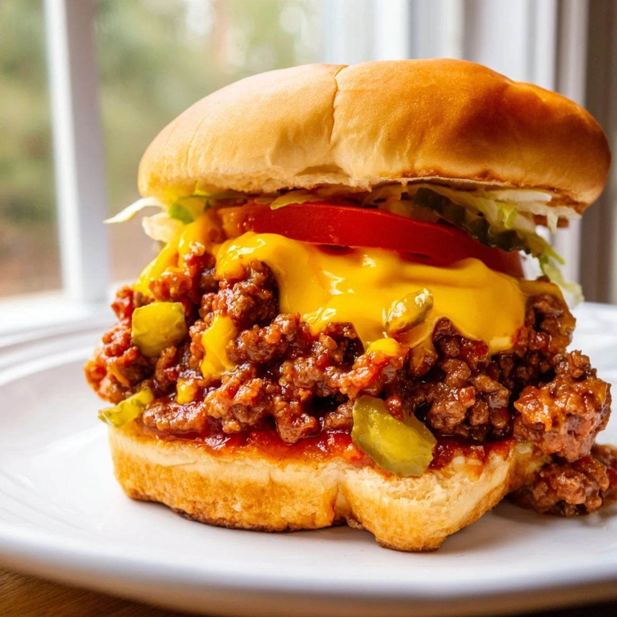 Saucy Smash Burger Sloppy Joes topped with pickles lettuce and ripe tomato