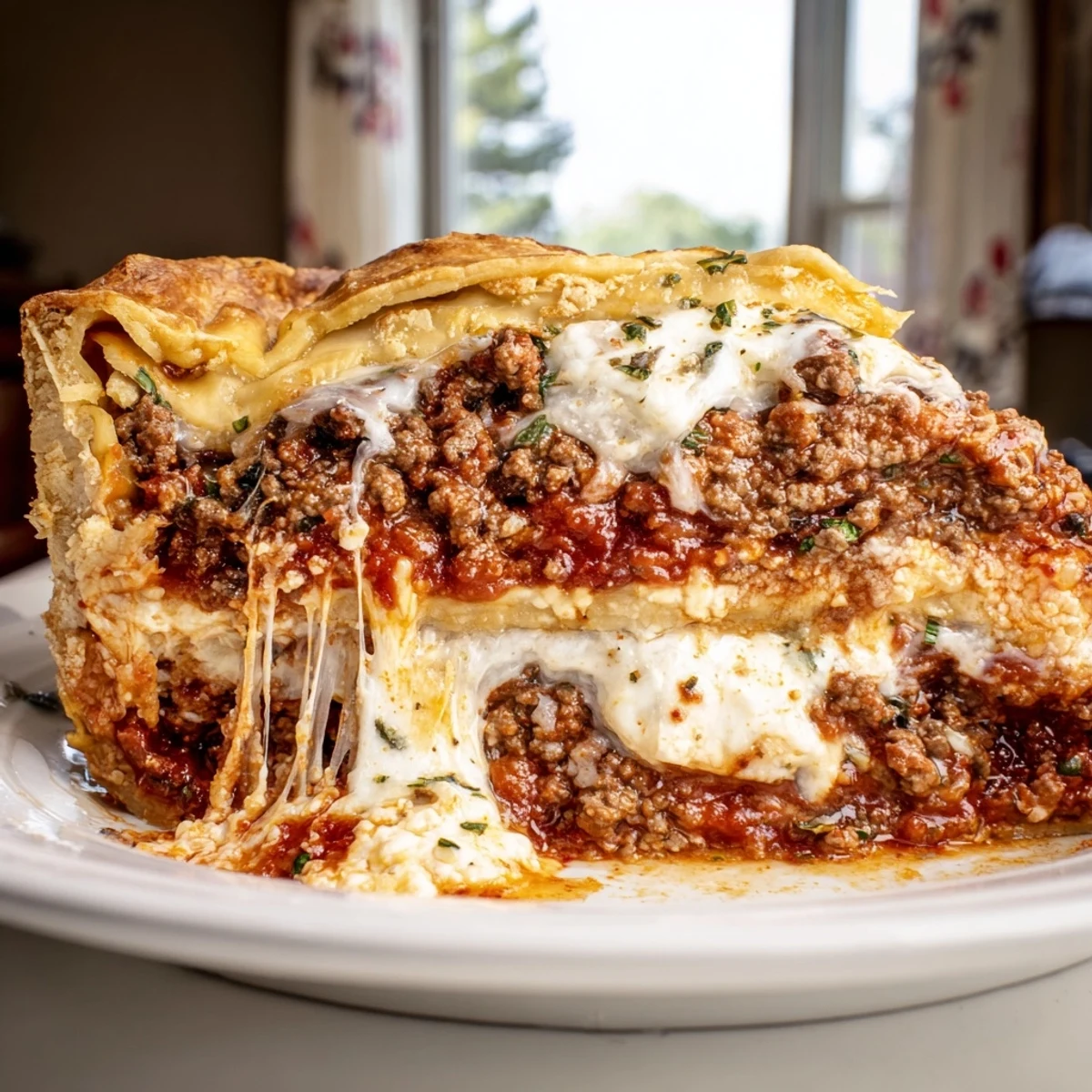 Golden bubbly cheesy lasagna pie with gooey layers fresh from the oven