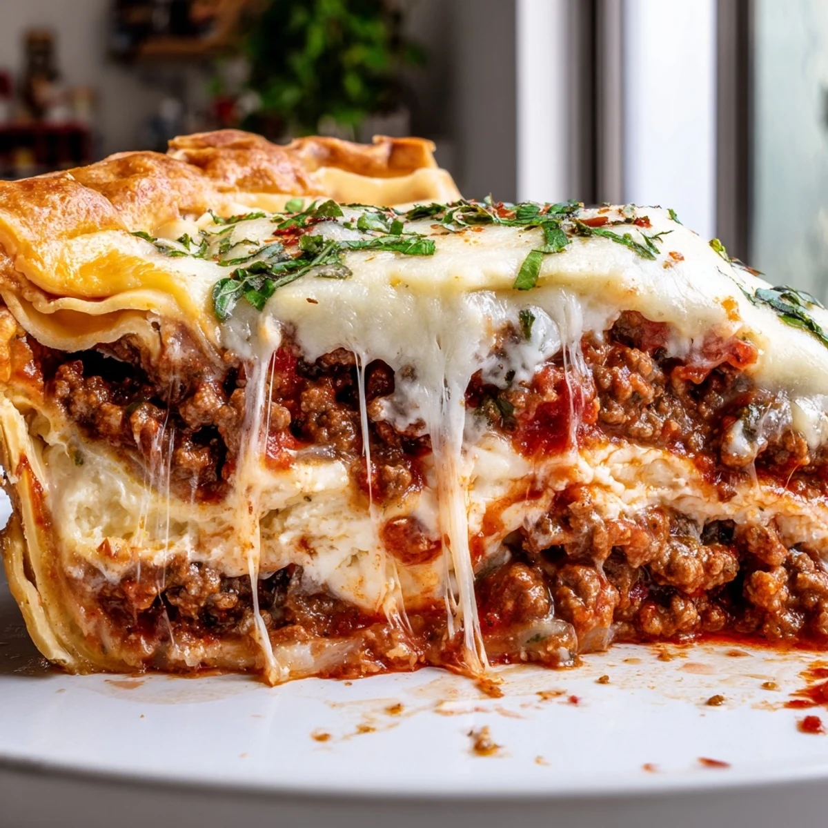 Cheesy lasagna pie sliced open revealing gooey layers of melted mozzarella