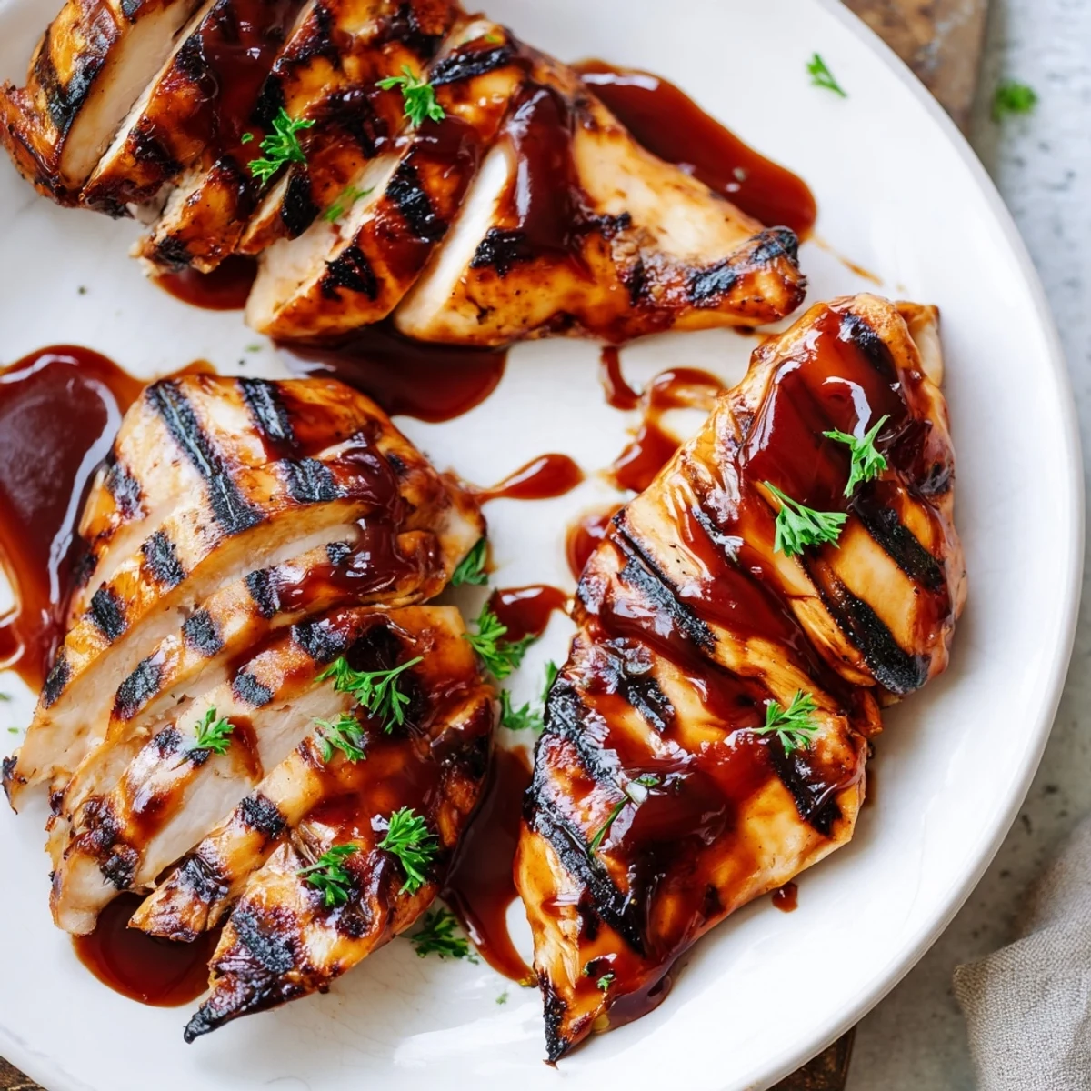 Juicy grilled Coca Cola glazed chicken breast with caramelized grill marks on a plate