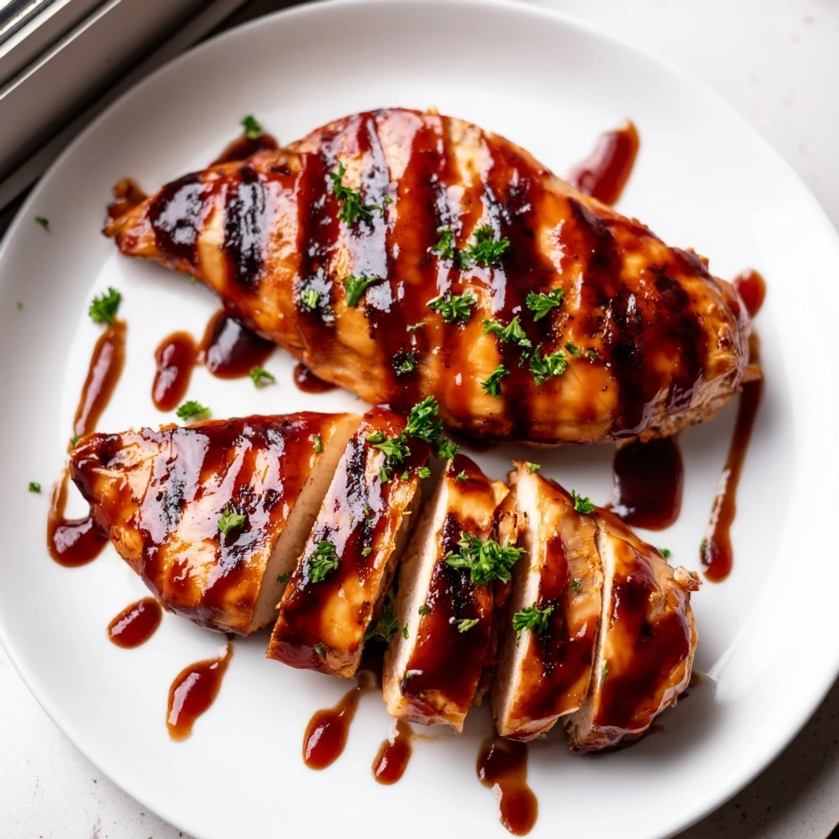 Glossy Coca Cola glazed chicken breast sliced open revealing tender moist meat