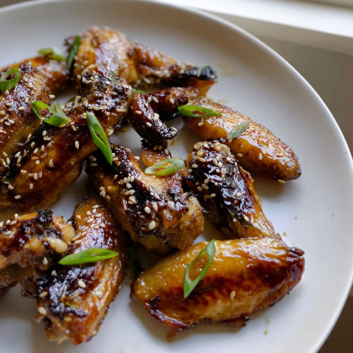 Crispy baked miso honey marinated chicken wings with a golden caramelized glaze on a rustic platter