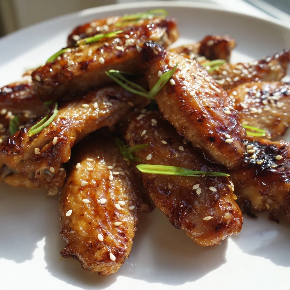 Glossy miso honey marinated chicken wings garnished with sesame seeds and fresh green onions